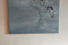 Manchots - huile sur toile + sculptures grès